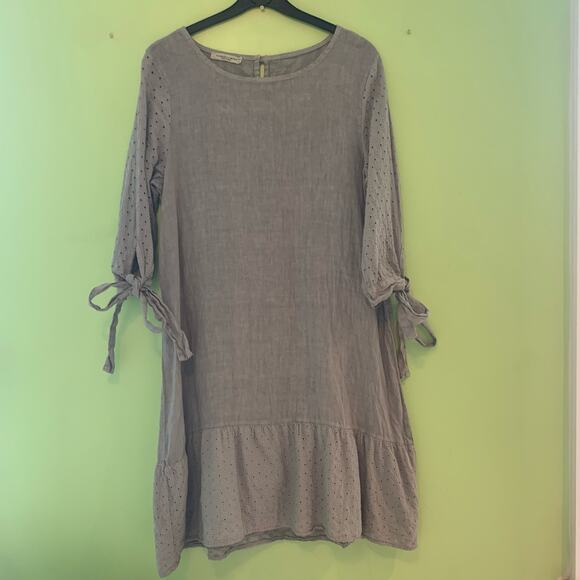 Francesca Bettini Linen Eyelet Lace Drop Waist Tie Sleeve Gray Dress Size Large - Picture 1 of 12